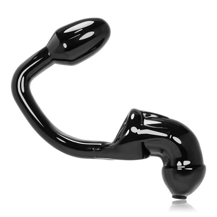 Tailpipe Cock and Ass Lock Black ergonomic butt plug with cock cage, made from Flex-TPR for extended chastity fun and comfort.