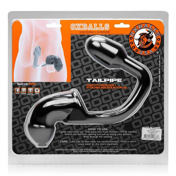 Tailpipe Cock and Ass Lock Black from Oxballs with ergonomic butt plug for extended chastity fun. Made with Flex-TPR for comfort.