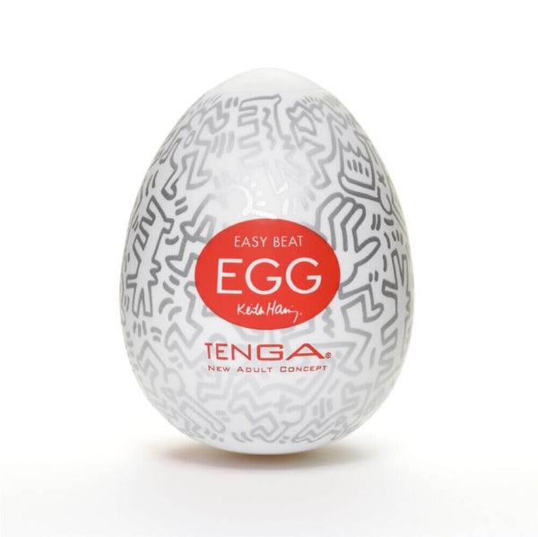 Tenga Keith Haring Easy Beat Egg Party with iconic artwork and red label, stretchable disposable male masturbator.