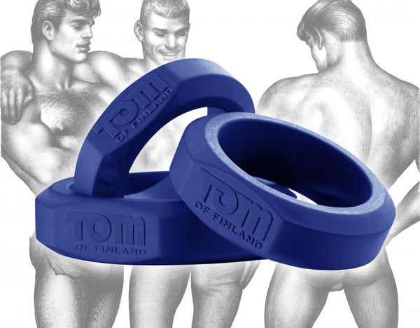 XR Brands Tom Of Finland 3 Piece Cock Ring Set Silicone Blue at $23.99