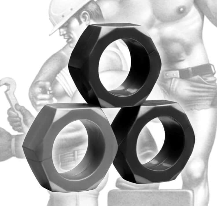 Tom of Finland 3-Piece Cock Nuts set with black hexagonal cock rings and ball stretchers for ultimate pleasure and customization