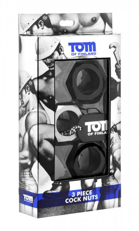 Tom of Finland 3-Piece Cock Nuts set packaging featuring versatile and flexible black cock rings.