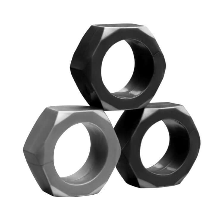 Tom of Finland 3-Piece Cock Nuts set stackable stretch-to-fit cock rings and ball stretchers in black TPE material