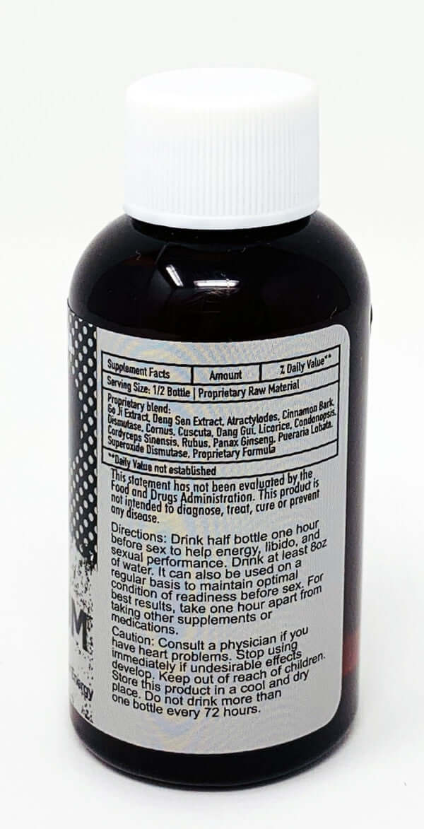 Titanium Liquid Fruit Shot bottle with supplement facts and usage directions, promoting vitality and energy.