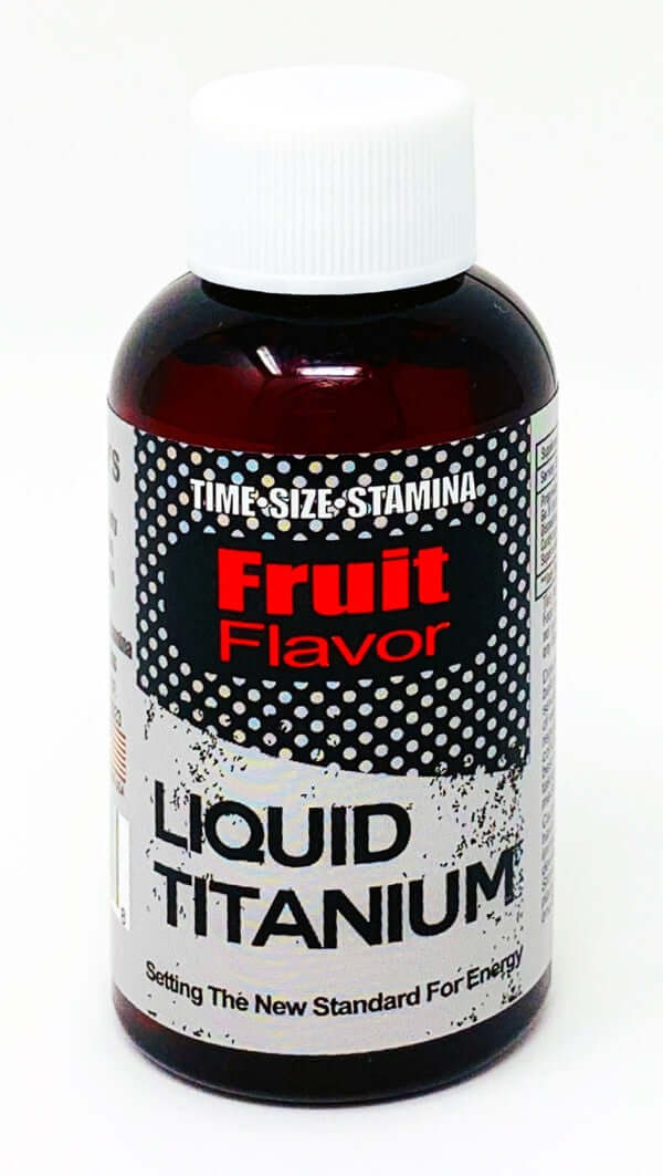 Liquid Titanium Fruit Flavor supplement bottle for energy, stamina, and vitality with herbal extracts.