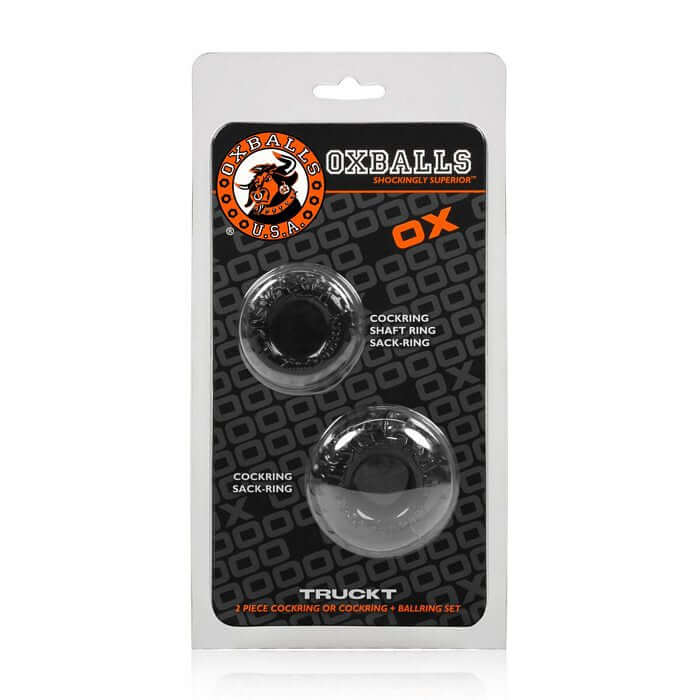 Truckt 2-Piece Cock Ring Set in packaging with Oxballs branding and multiple fit options.
