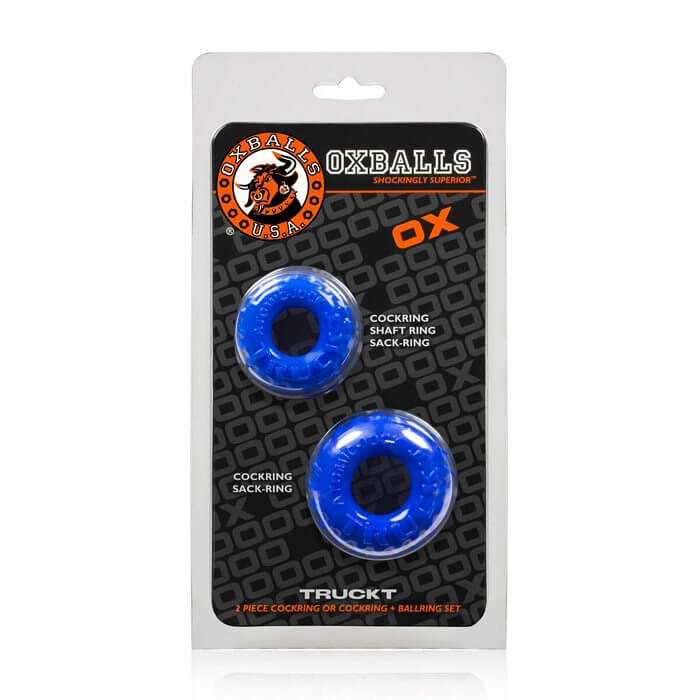 Truckt 2 Piece Cock Ring Set Blue packaging featuring two blue rings for versatile grip on cock and balls, enhancing performance and pleasure.