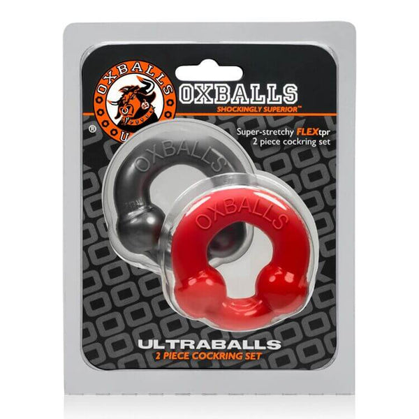 Oxballs Ultra Balls Cock Ring 2 Pack in Steel/Red, made from super stretchy Flex-TPR material, in retail packaging