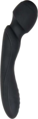 Black silicone double-ended body massager with curved design and powerful wand, by Evolved Novelties.