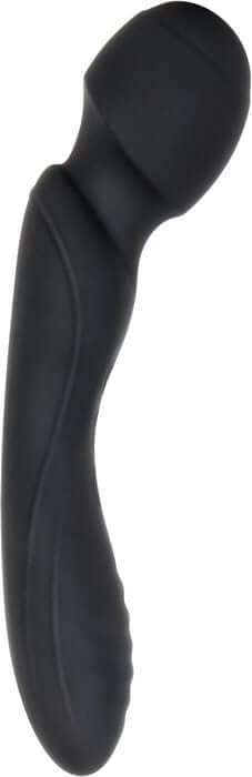 Black silicone double-ended body massager with curved design and powerful wand, by Evolved Novelties.