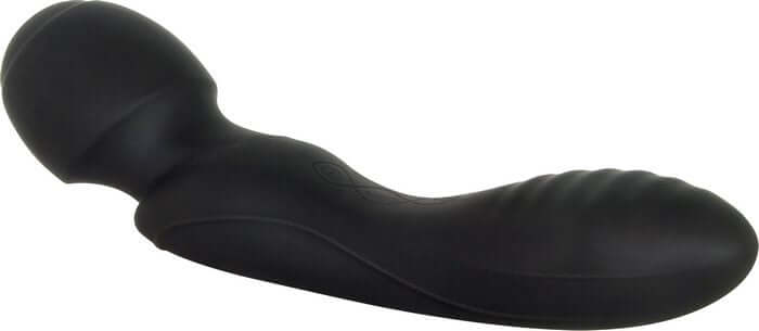 Black Wanderlust double-ended silicone body massager with wand and curved vibe.