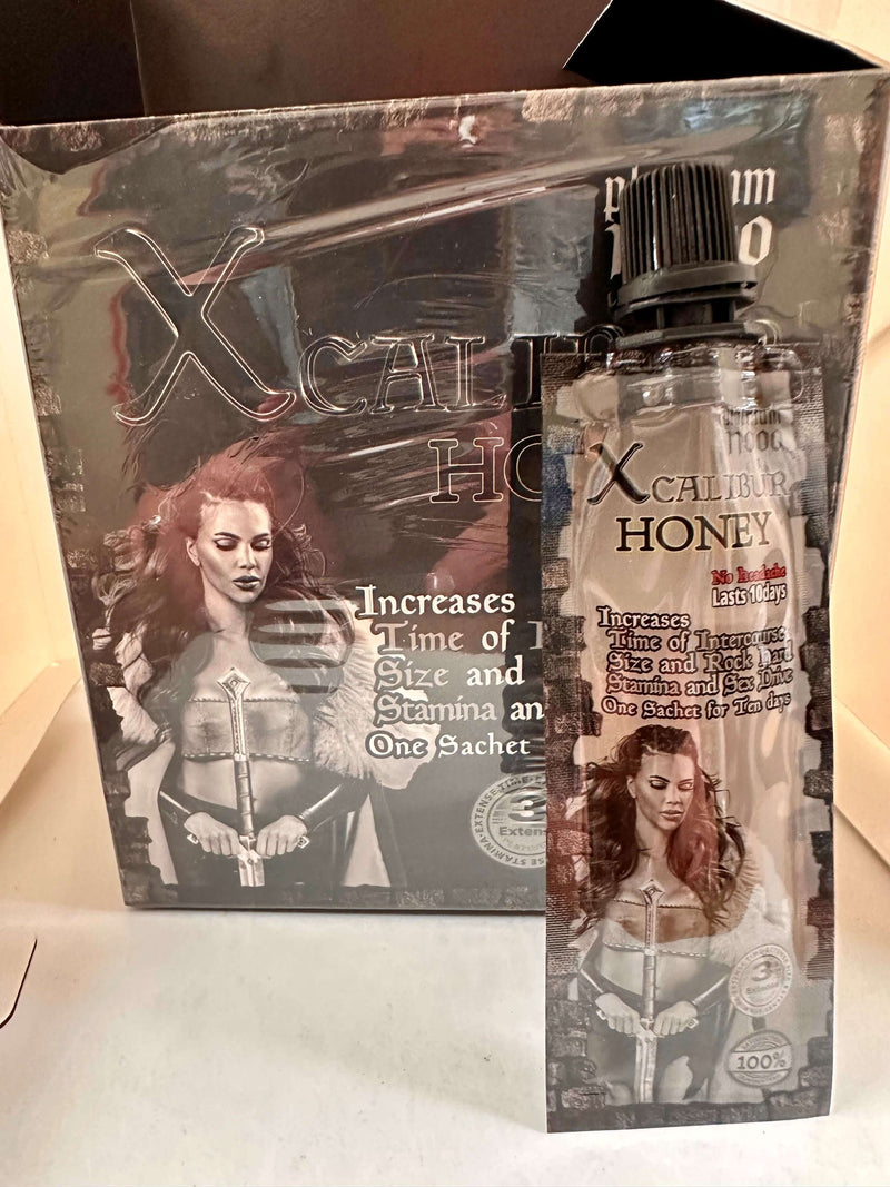 Xcalibur Honey Platinum 11000 sachets display with herbal ingredients for stamina and wellness support.