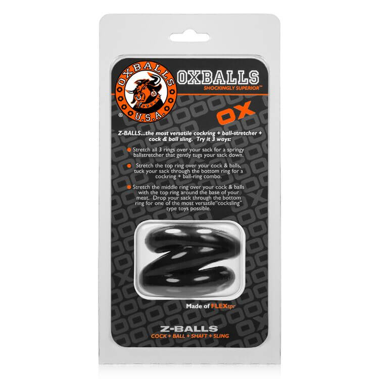 Oxballs Z Balls Z-Shaped Ballstretcher Atomic Jock packaging with black stretchy ball stretcher inside.