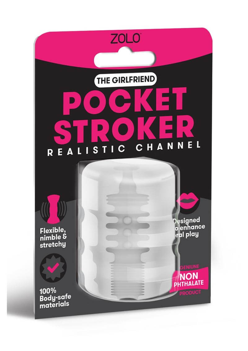 Zolo The Girlfriend Pocket Stroker packaging showcasing flexible, realistic design for enhanced oral play. Phthalate free.